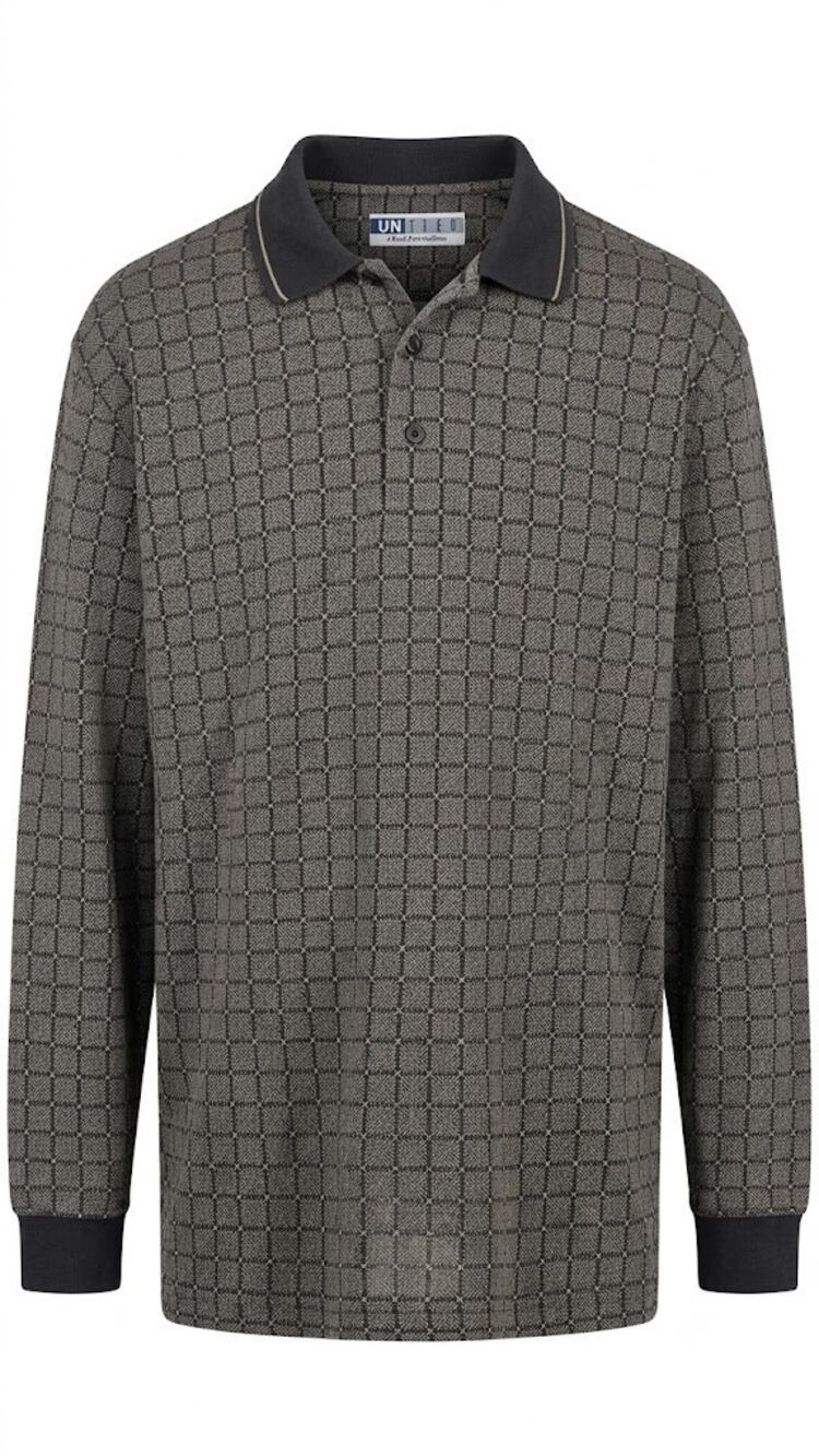 UNITED Grey & Brown Geometric Grid Long Sleeve Polo Shirt